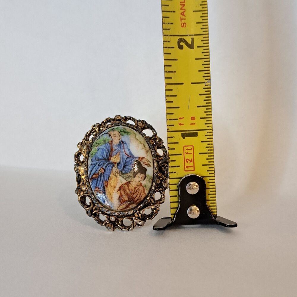 Vintage Oriental Ring Asian Culture Jewelry Ceramic Adjustable Brushed Gold Tone - Picture 2 of 7